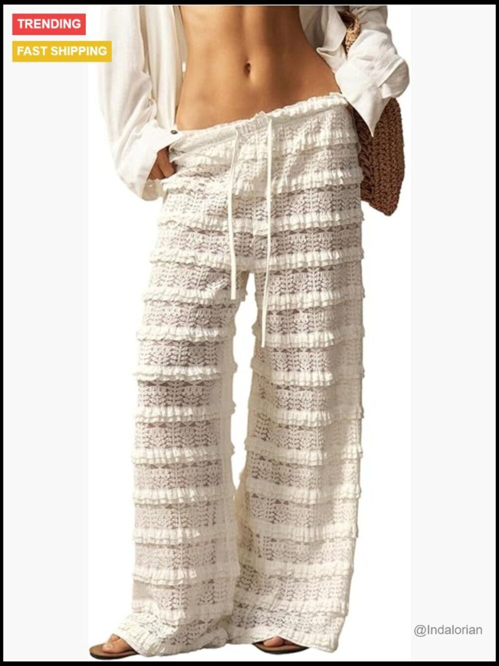 Women's Crochet Lace Ruffle Wide Leg Beach Cover Up Pants
